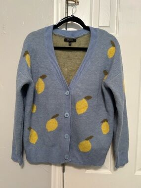 Light Blue V-Neck Cardigan with Yellow Fruit Motif